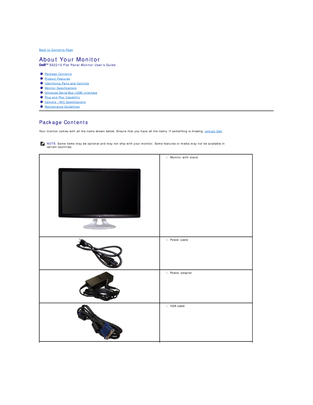 Dell SX2210B appendix About Your Monitor, Package Contents 