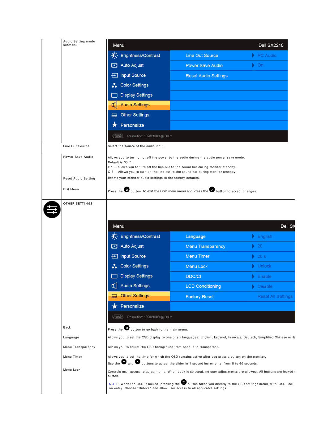 Dell SX2210B appendix Other Settings, Back Language Menu Transparency Menu Timer Menu Lock 