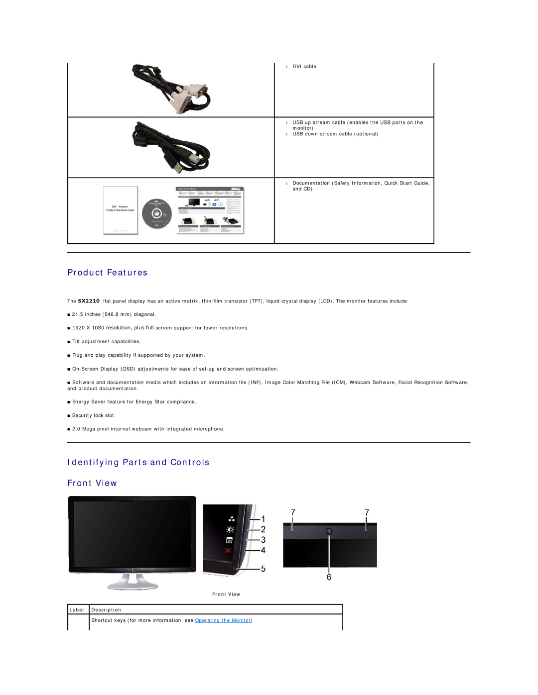 Dell SX2210B appendix Product Features, Identifying Parts and Controls Front View, Front View Label Description 