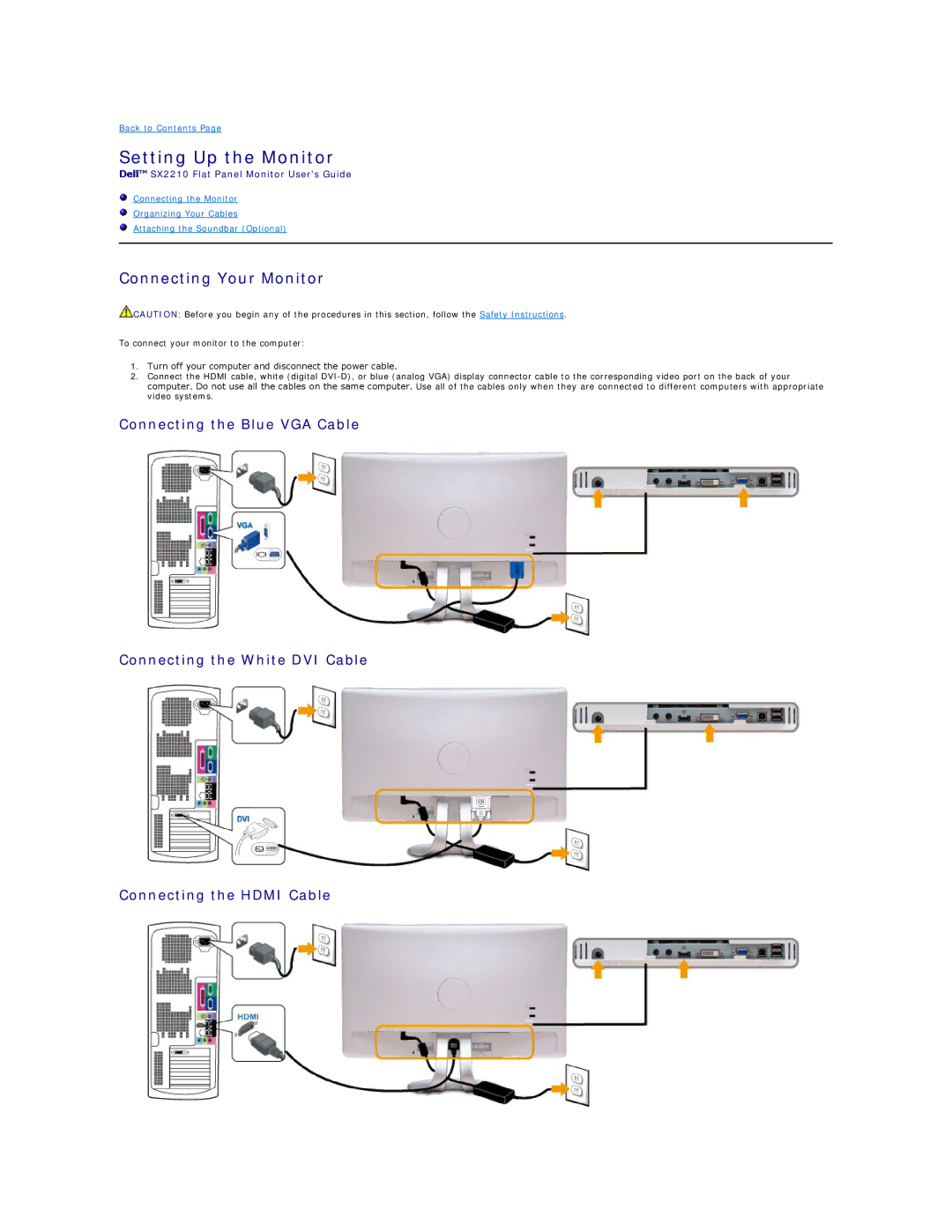 Dell SX2210B appendix Setting Up the Monitor, Connecting Your Monitor 