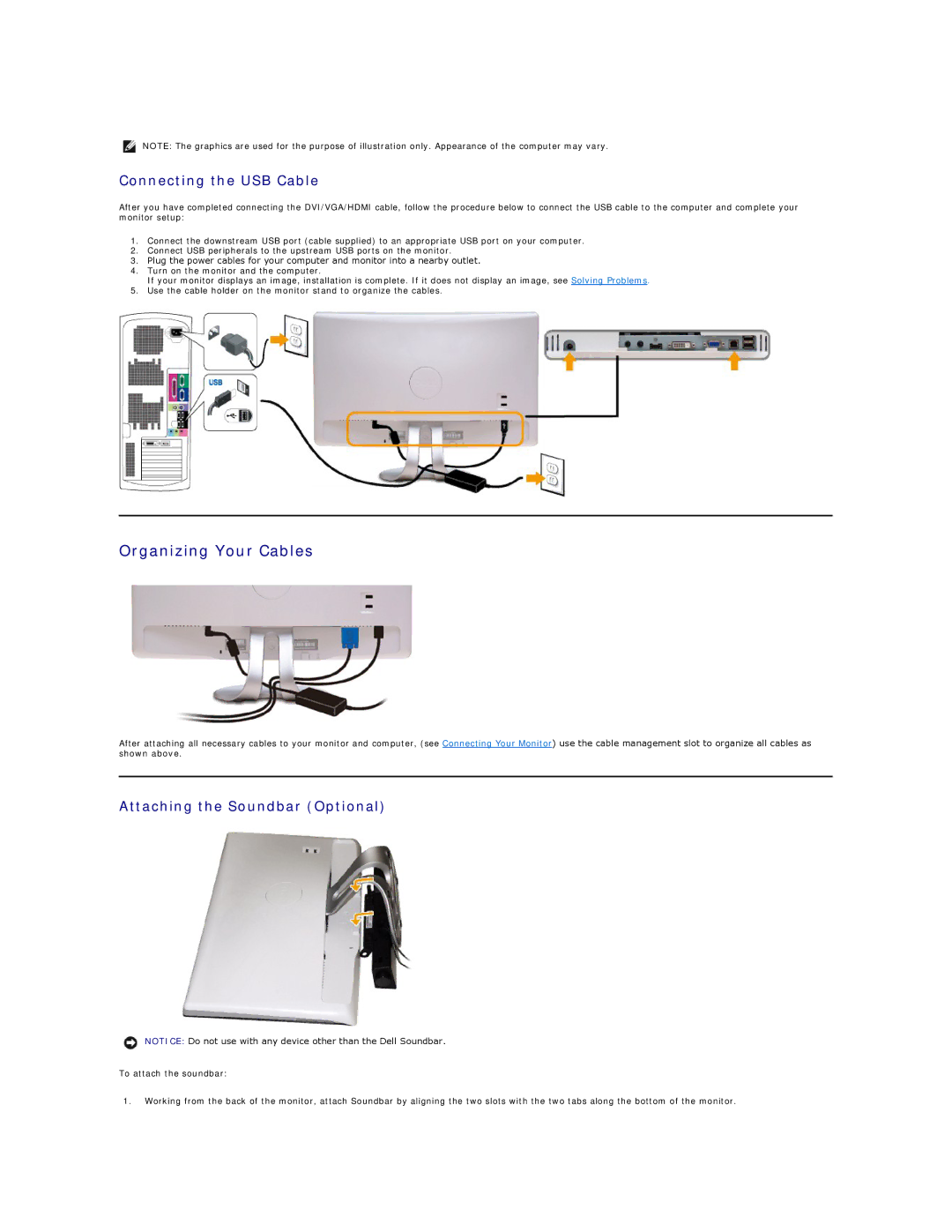 Dell SX2210B appendix Organizing Your Cables, Connecting the USB Cable, Attaching the Soundbar Optional 