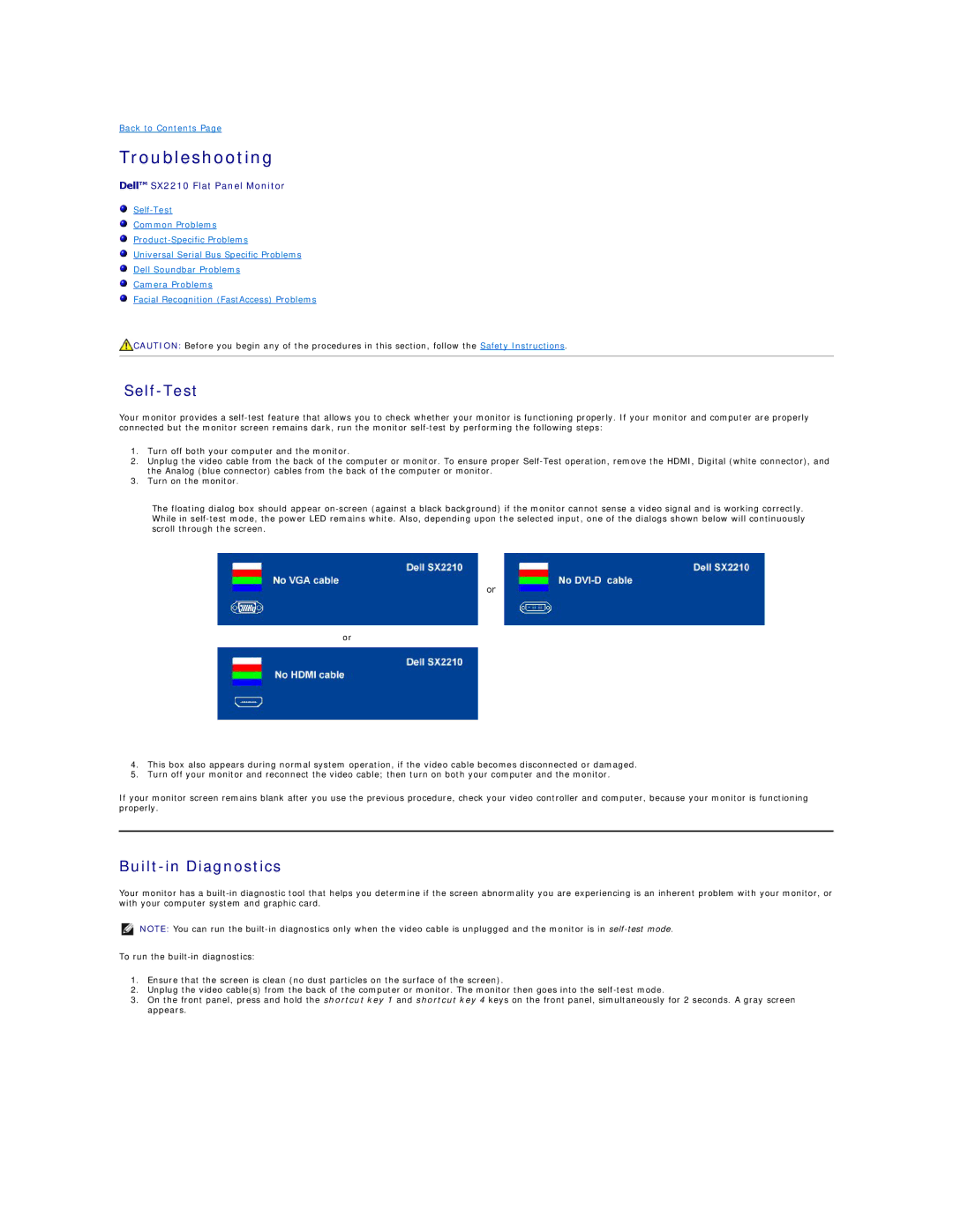 Dell SX2210B appendix Troubleshooting, Self-Test, Built-in Diagnostics 