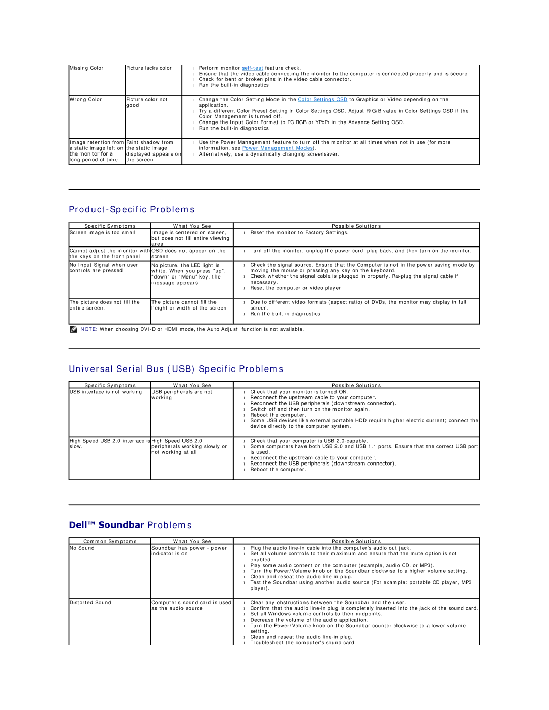 Dell SX2210B appendix Product-Specific Problems, Universal Serial Bus USB Specific Problems, Dell Soundbar Problems 