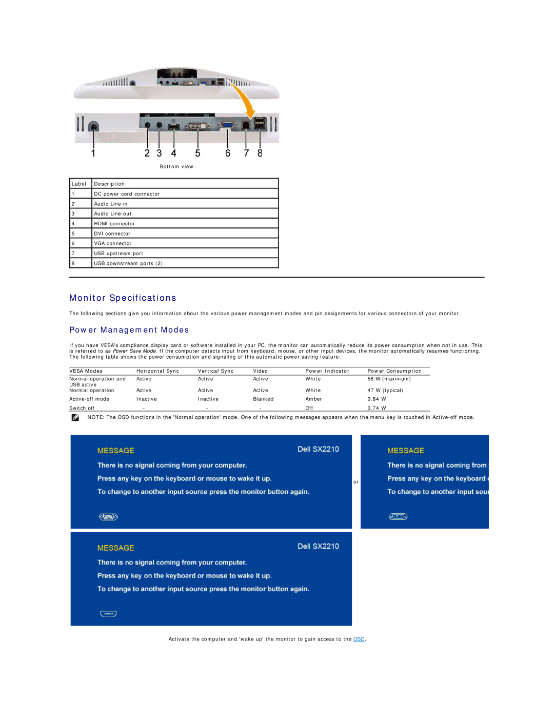 Dell SX2210B appendix Monitor Specifications, Power Management Modes, Bottom view Label Description 