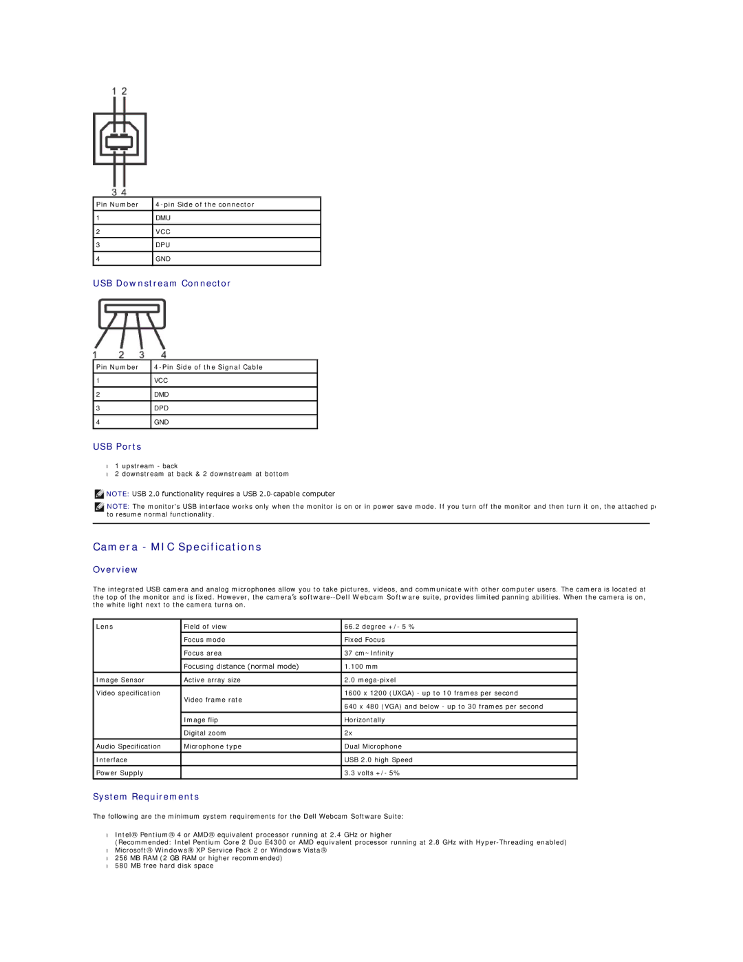 Dell SX2210B appendix Camera MIC Specifications, USB Downstream Connector, USB Ports, Overview, System Requirements 