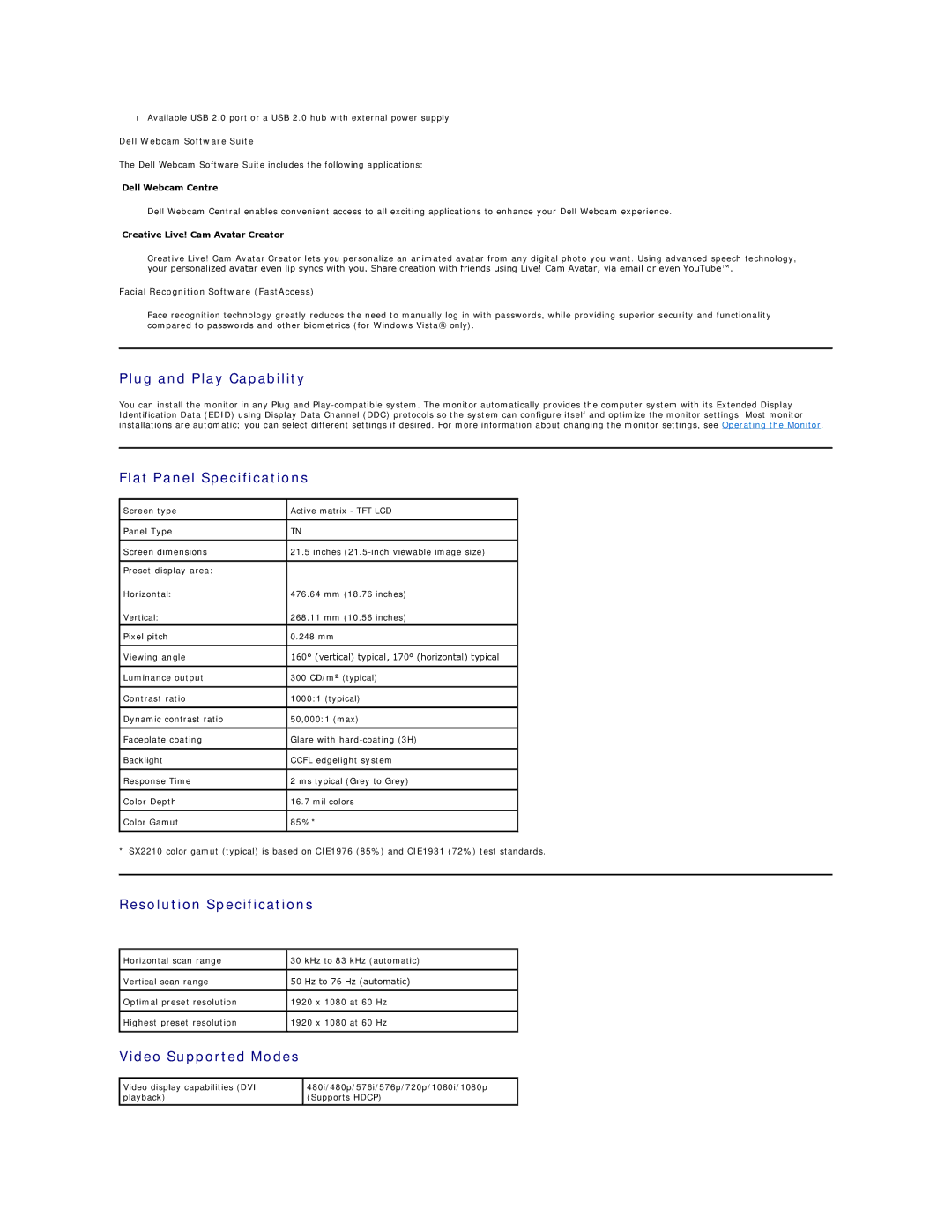 Dell SX2210B appendix Plug and Play Capability, Flat Panel Specifications, Resolution Specifications, Video Supported Modes 