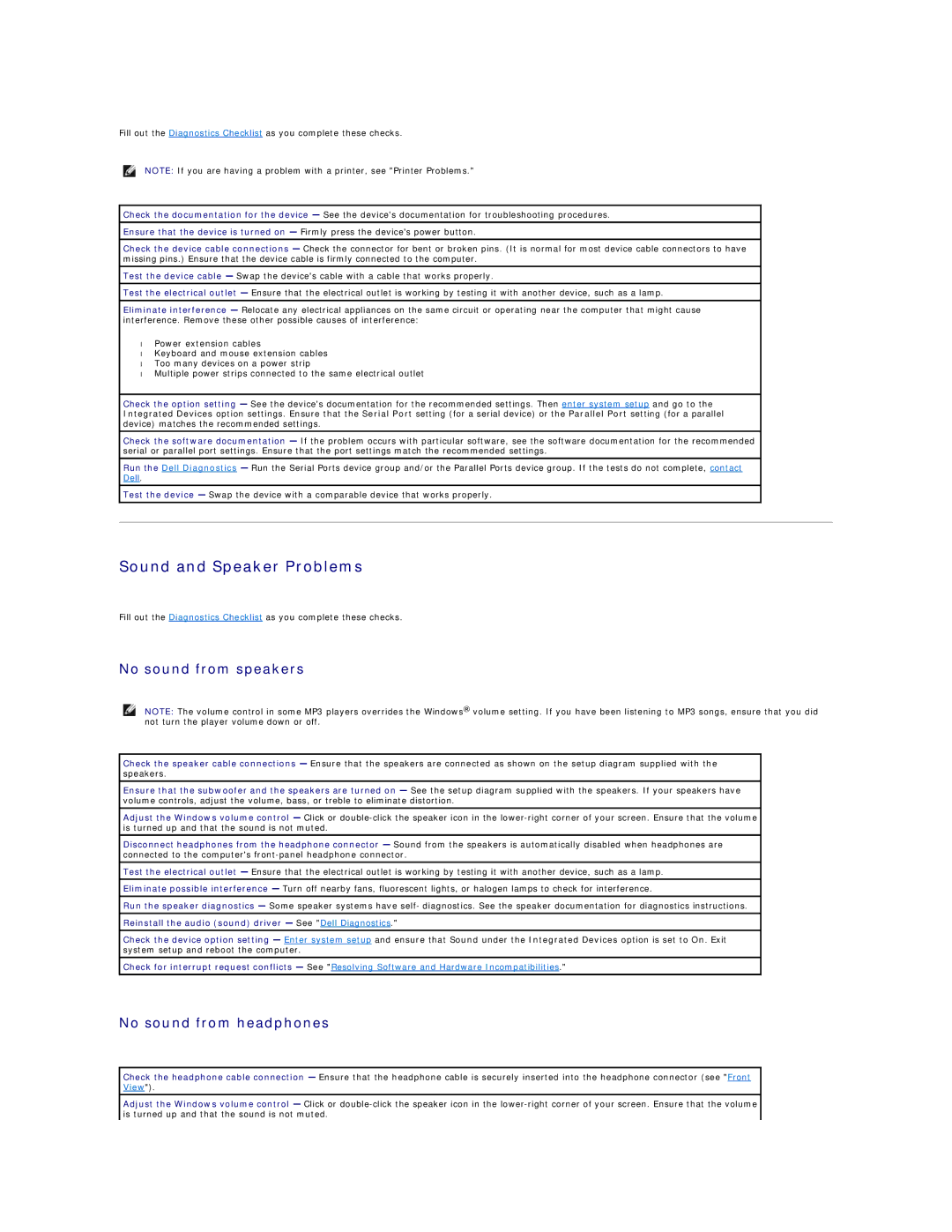 Dell SX260 technical specifications Sound and Speaker Problems, No sound from speakers, No sound from headphones 