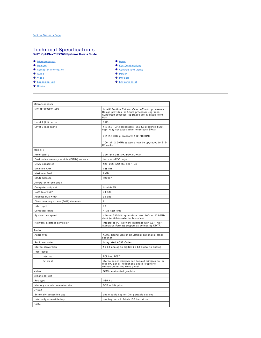 Dell SX260 technical specifications Technical Specifications 