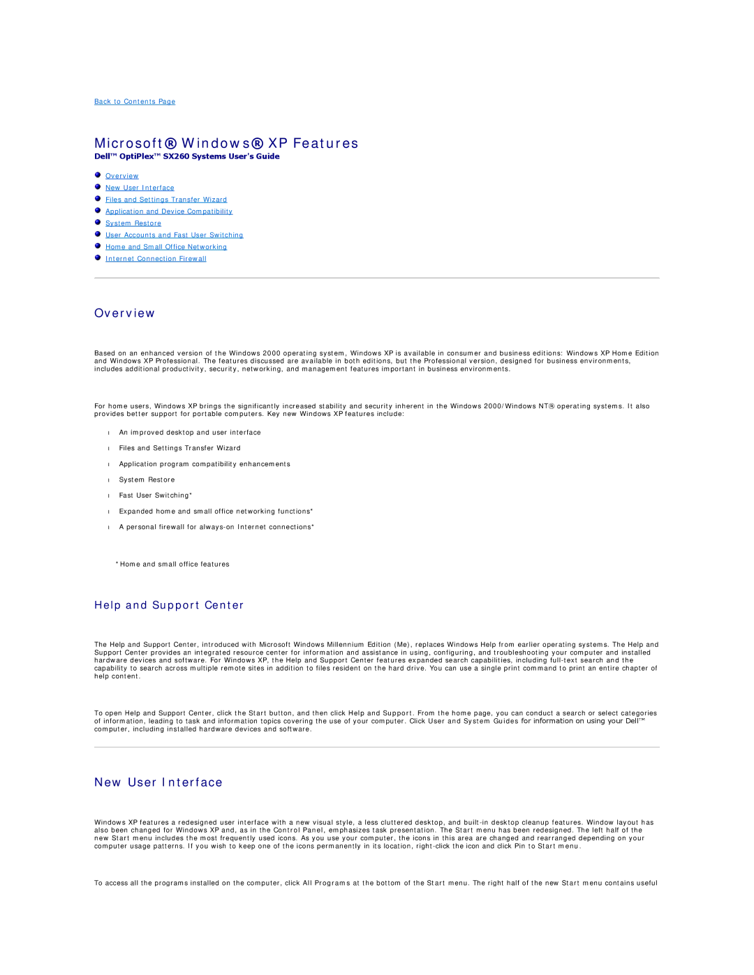 Dell SX260 technical specifications Microsoft Windows XP Features, Overview, New User Interface, Help and Support Center 