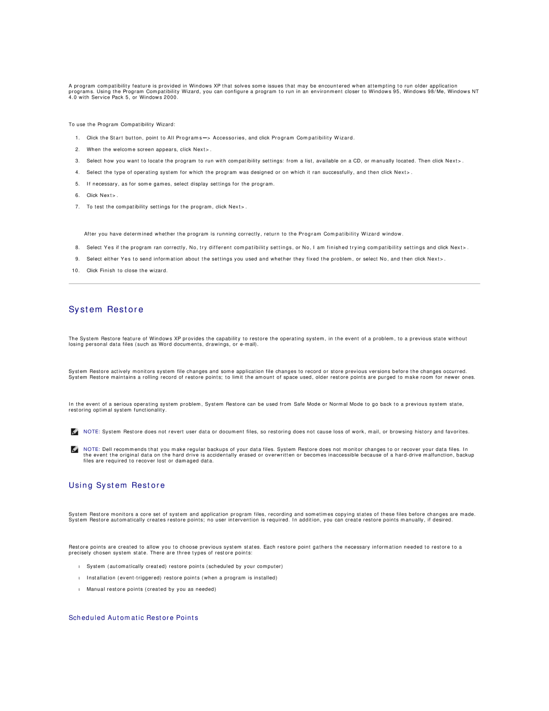 Dell SX260 technical specifications Using System Restore, Scheduled Automatic Restore Points 