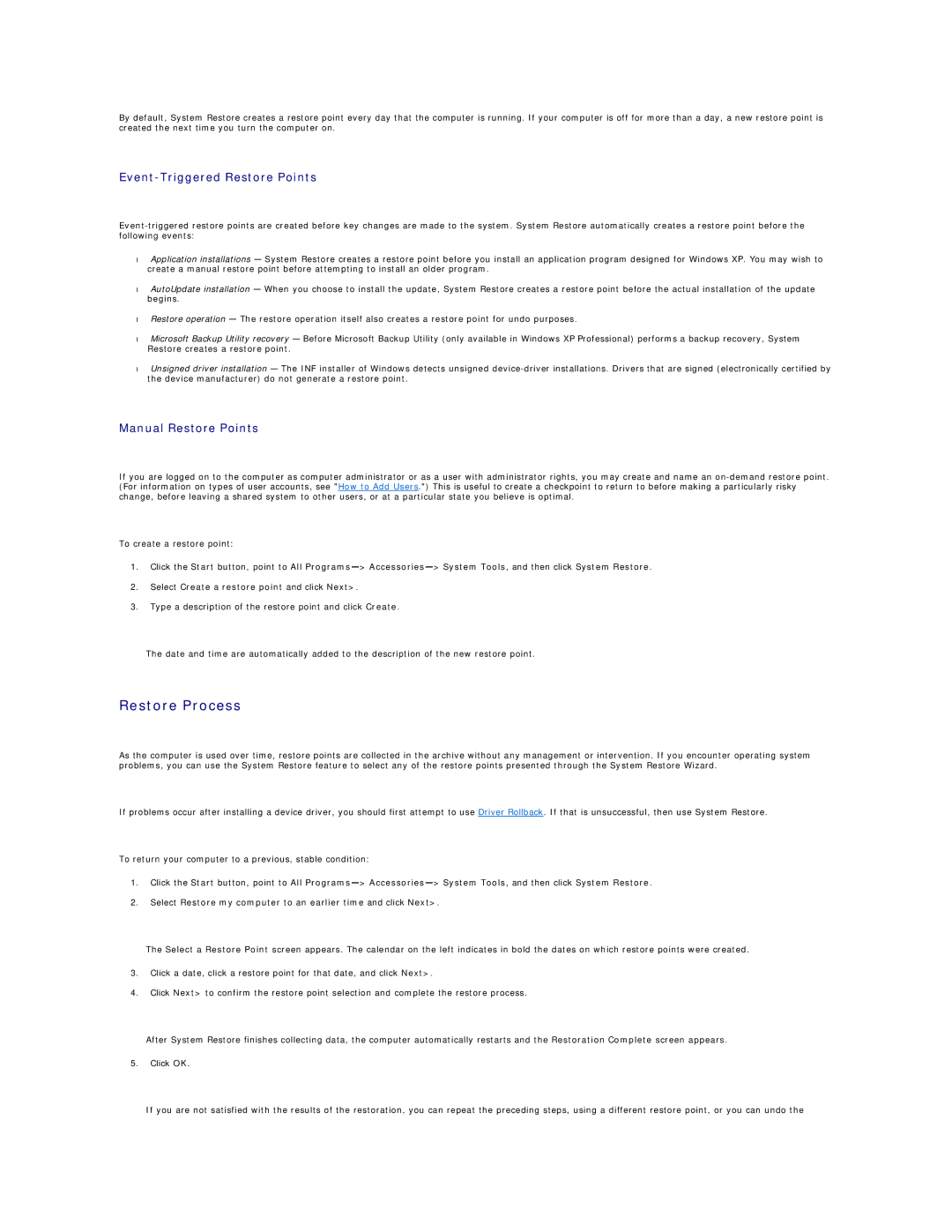 Dell SX260 technical specifications Restore Process, Event-Triggered Restore Points, Manual Restore Points 