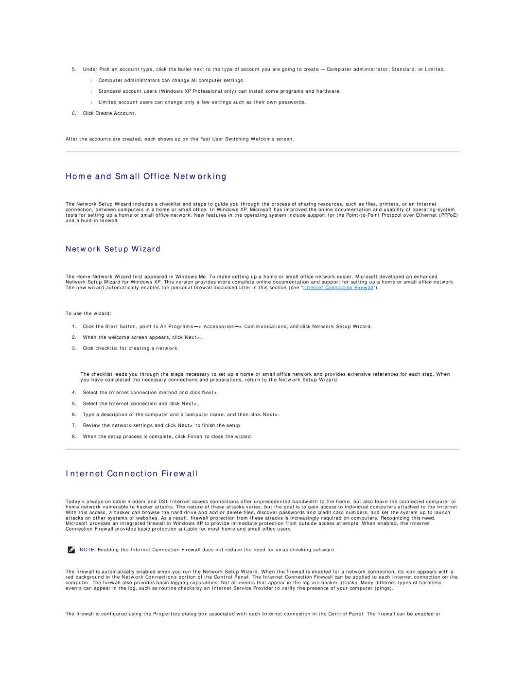 Dell SX260 Home and Small Office Networking, Internet Connection Firewall, Network Setup Wizard, Click Create Account 