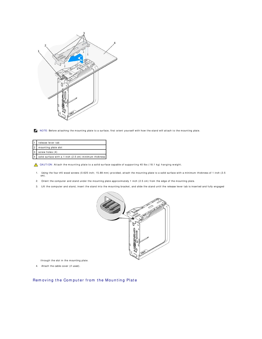 Dell SX260 technical specifications Removing the Computer from the Mounting Plate 