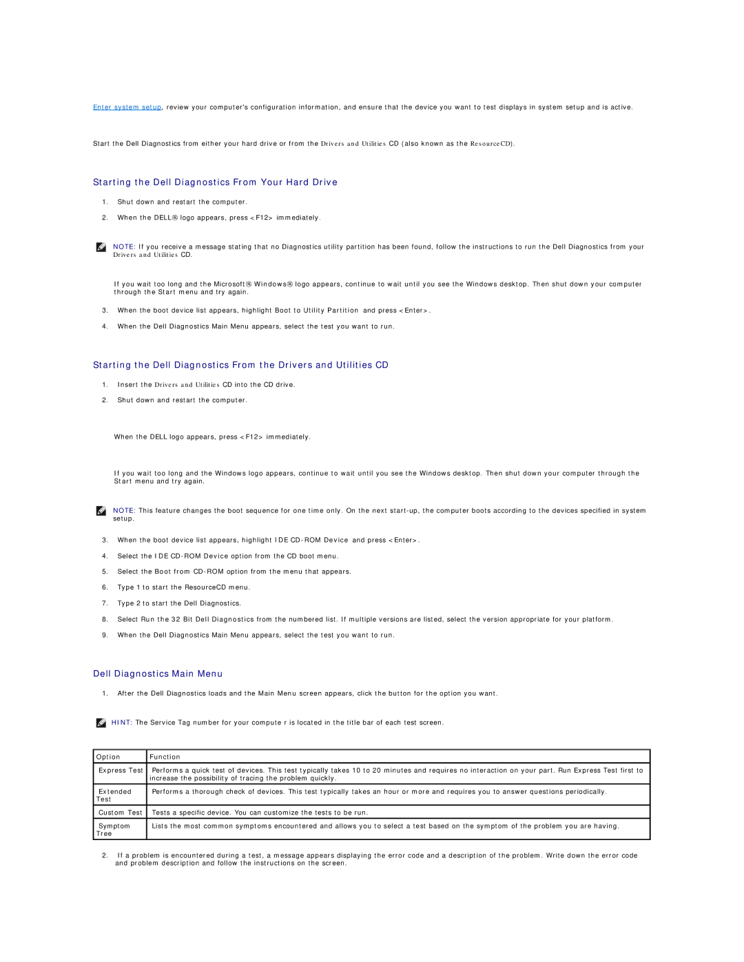 Dell SX260 Starting the Dell Diagnostics From Your Hard Drive, Dell Diagnostics Main Menu, Option Function 