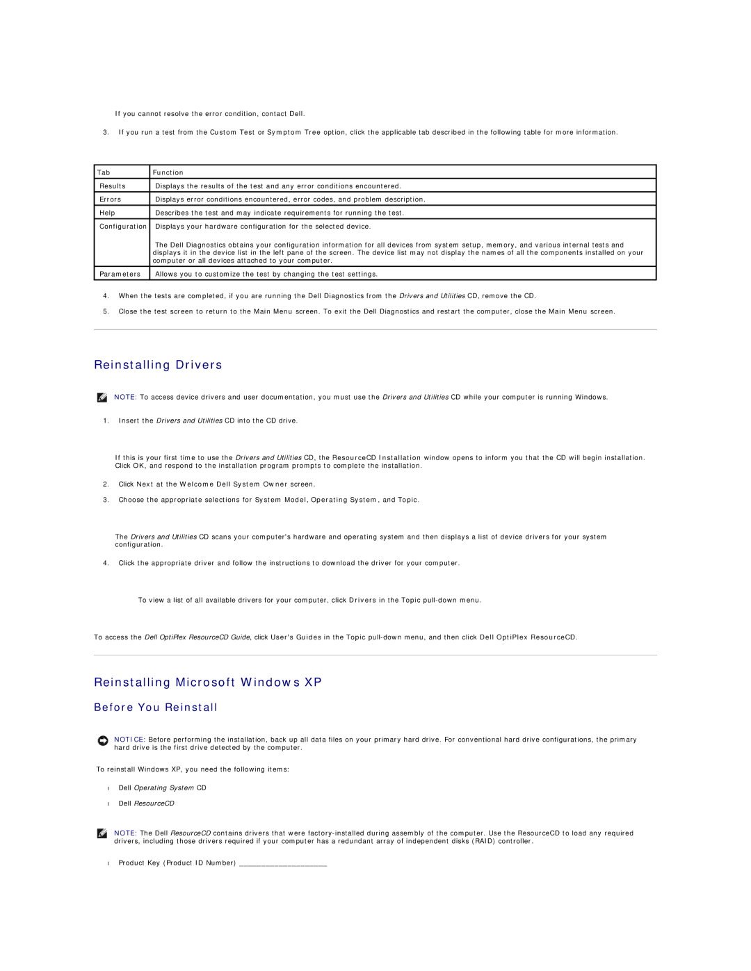 Dell SX260 Reinstalling Drivers, Reinstalling Microsoft Windows XP, Before You Reinstall, Tab Function 