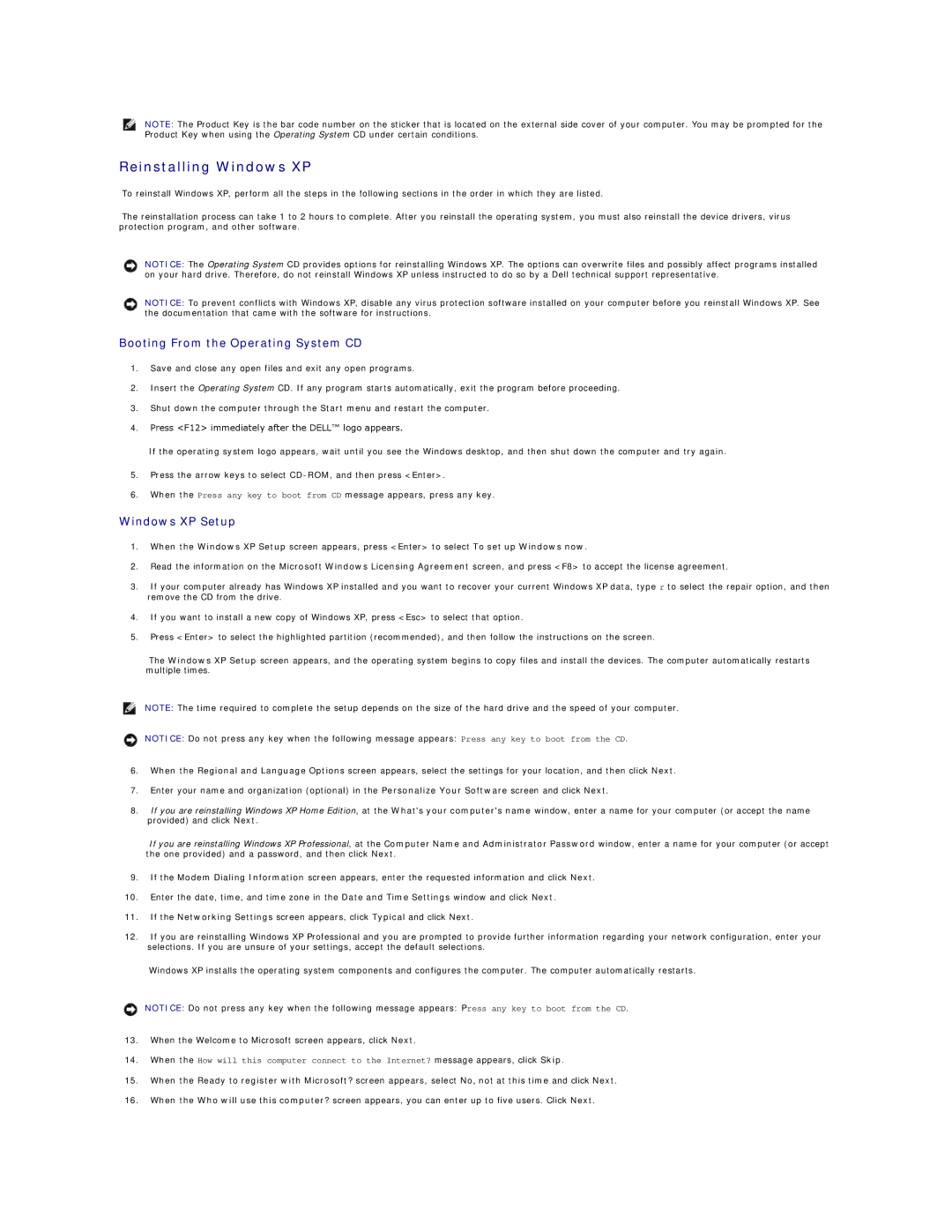 Dell SX260 technical specifications Reinstalling Windows XP, Booting From the Operating System CD, Windows XP Setup 