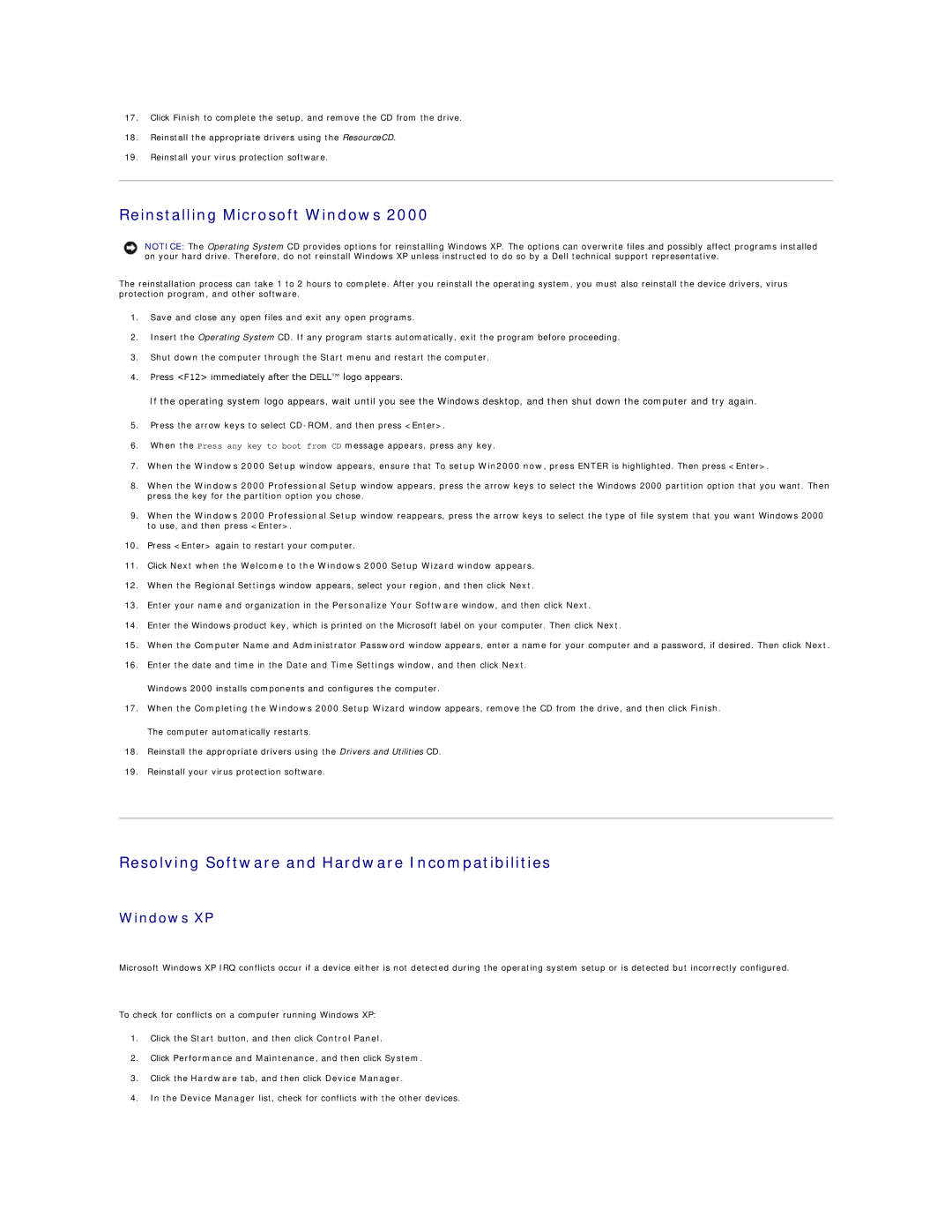 Dell SX260 Reinstalling Microsoft Windows, Resolving Software and Hardware Incompatibilities, Windows XP 