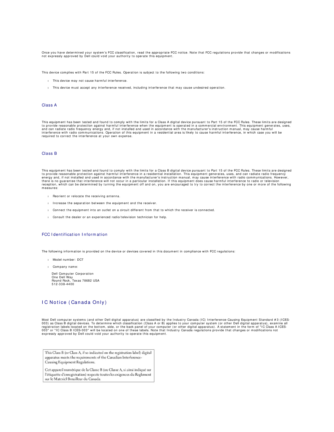 Dell SX260 technical specifications IC Notice Canada Only, Class a Class B, FCC Identification Information 