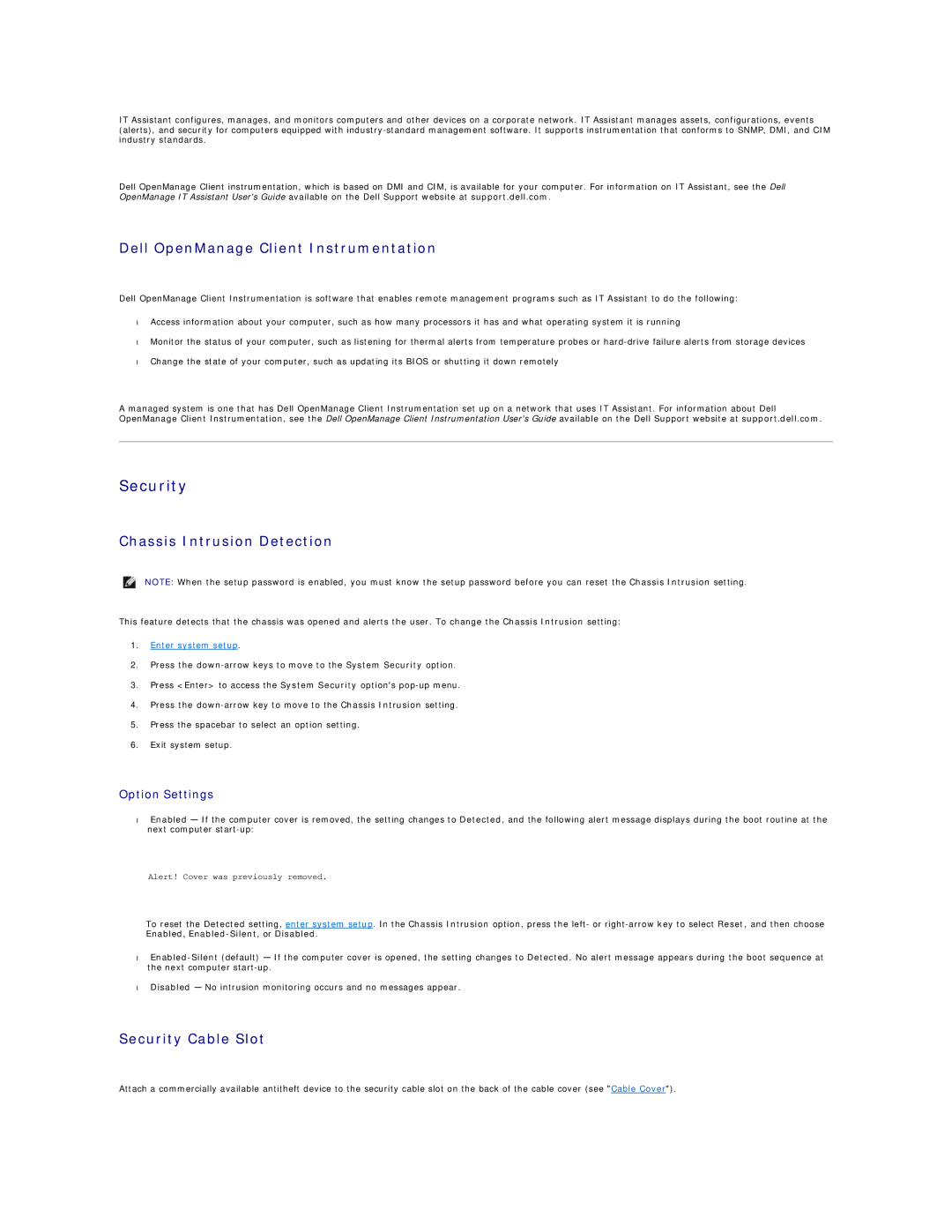 Dell SX260 Dell OpenManage Client Instrumentation, Chassis Intrusion Detection, Security Cable Slot, Option Settings 
