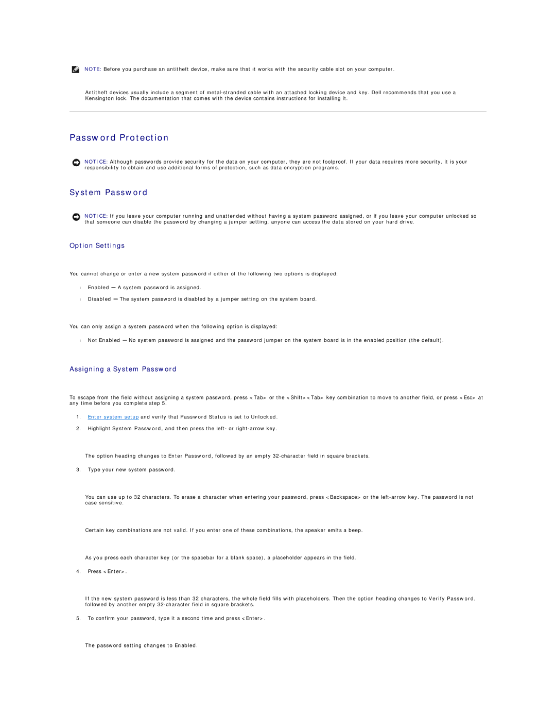 Dell SX260 technical specifications Password Protection, Assigning a System Password 