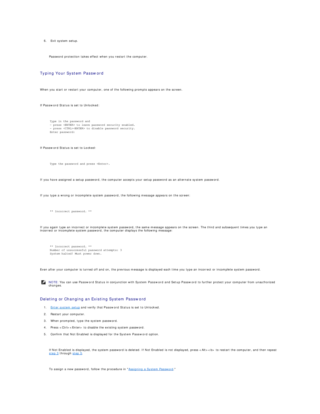 Dell SX260 technical specifications Typing Your System Password, Deleting or Changing an Existing System Password 