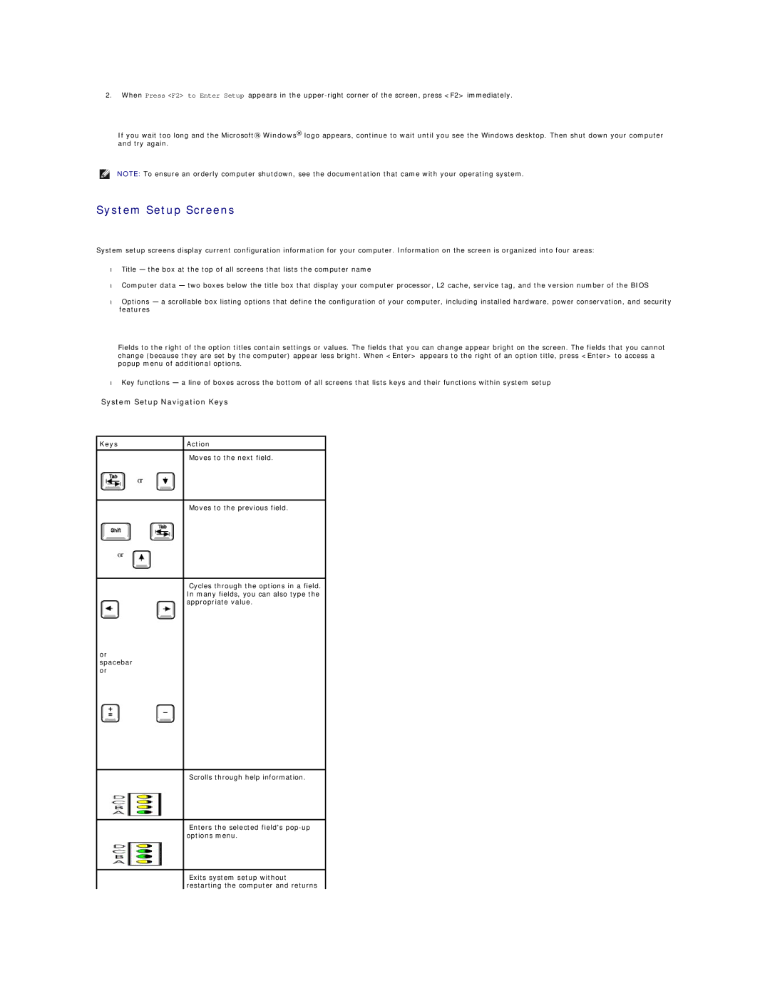 Dell SX260 technical specifications System Setup Screens, Keys Action 