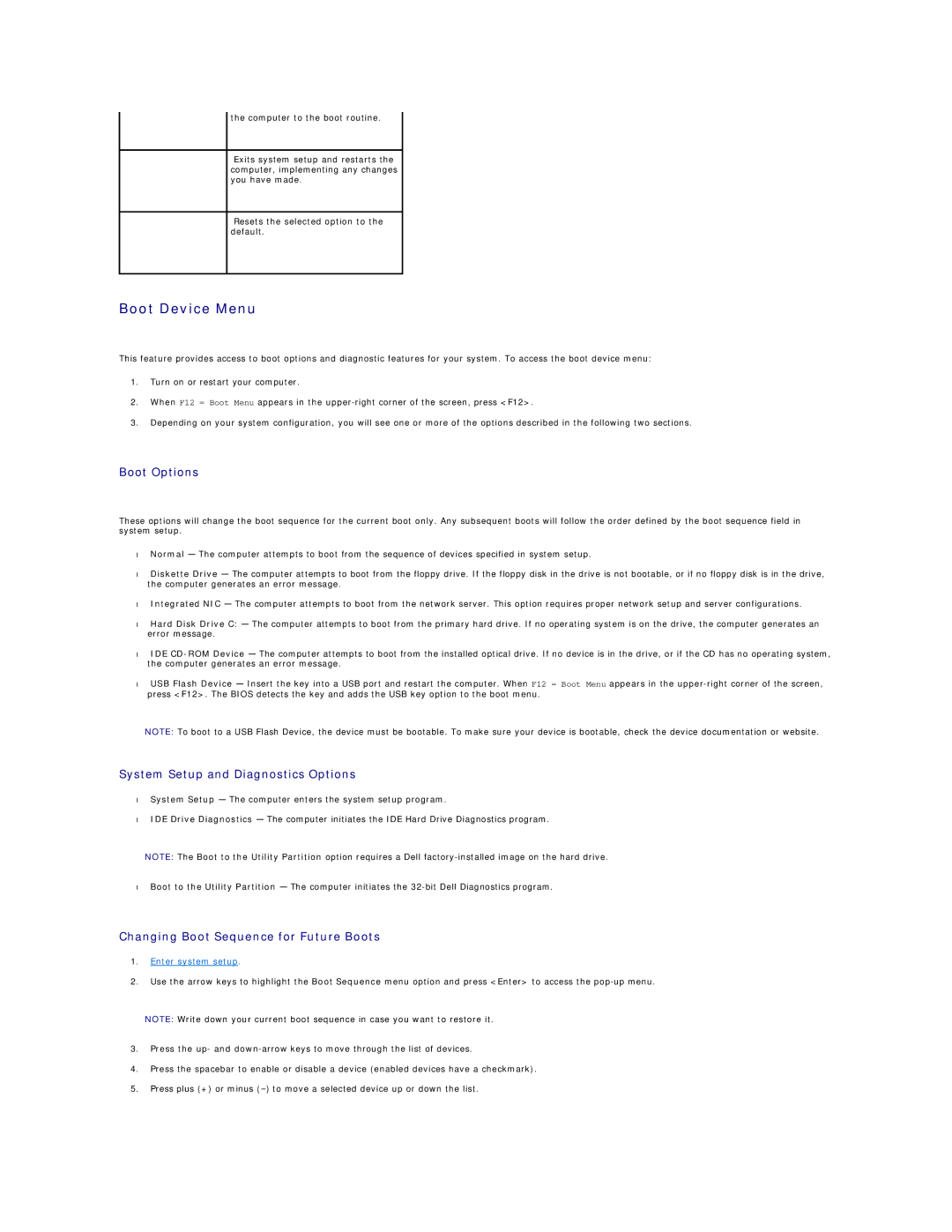 Dell SX260 Boot Device Menu, Boot Options, System Setup and Diagnostics Options, Changing Boot Sequence for Future Boots 