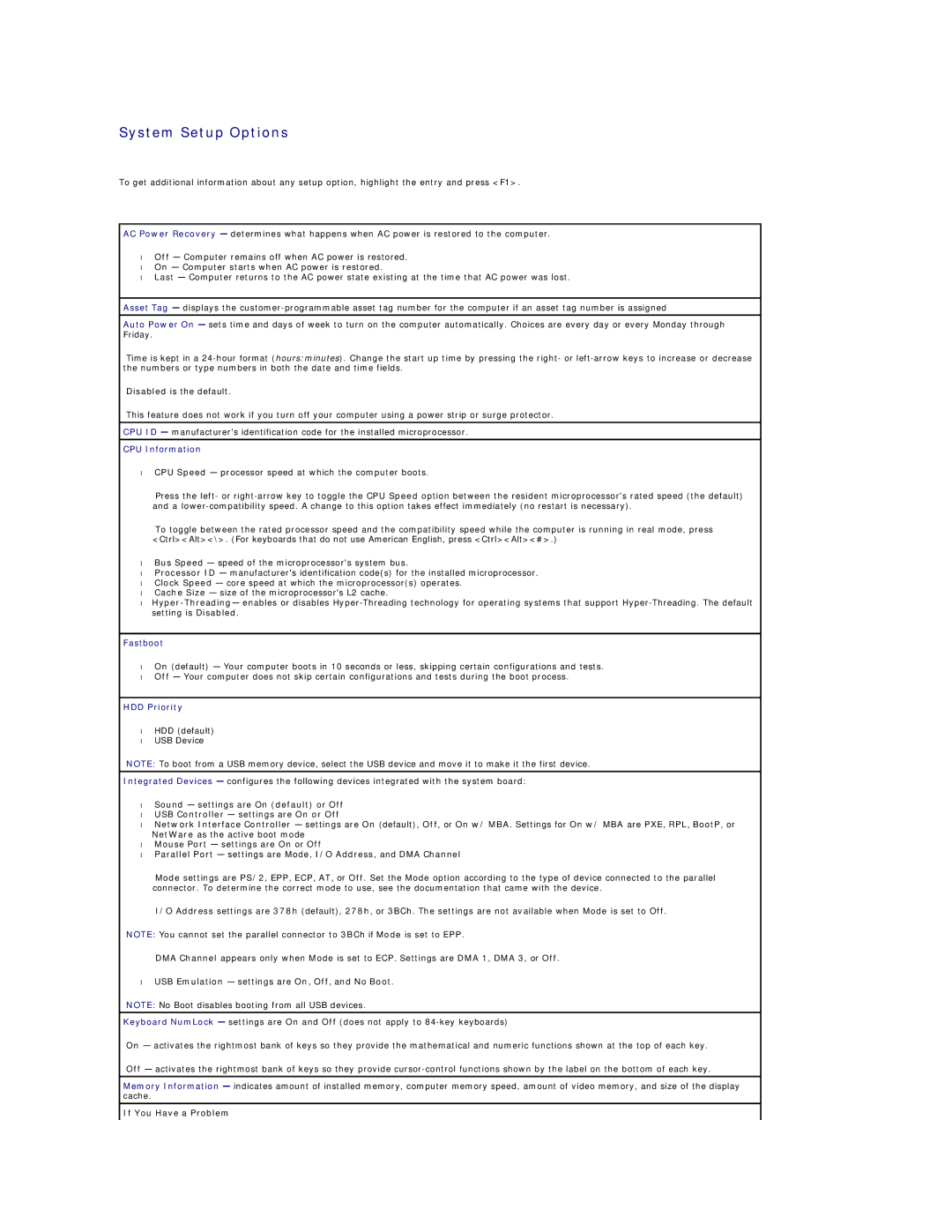 Dell SX260 technical specifications System Setup Options, CPU Information, Fastboot, HDD Priority 