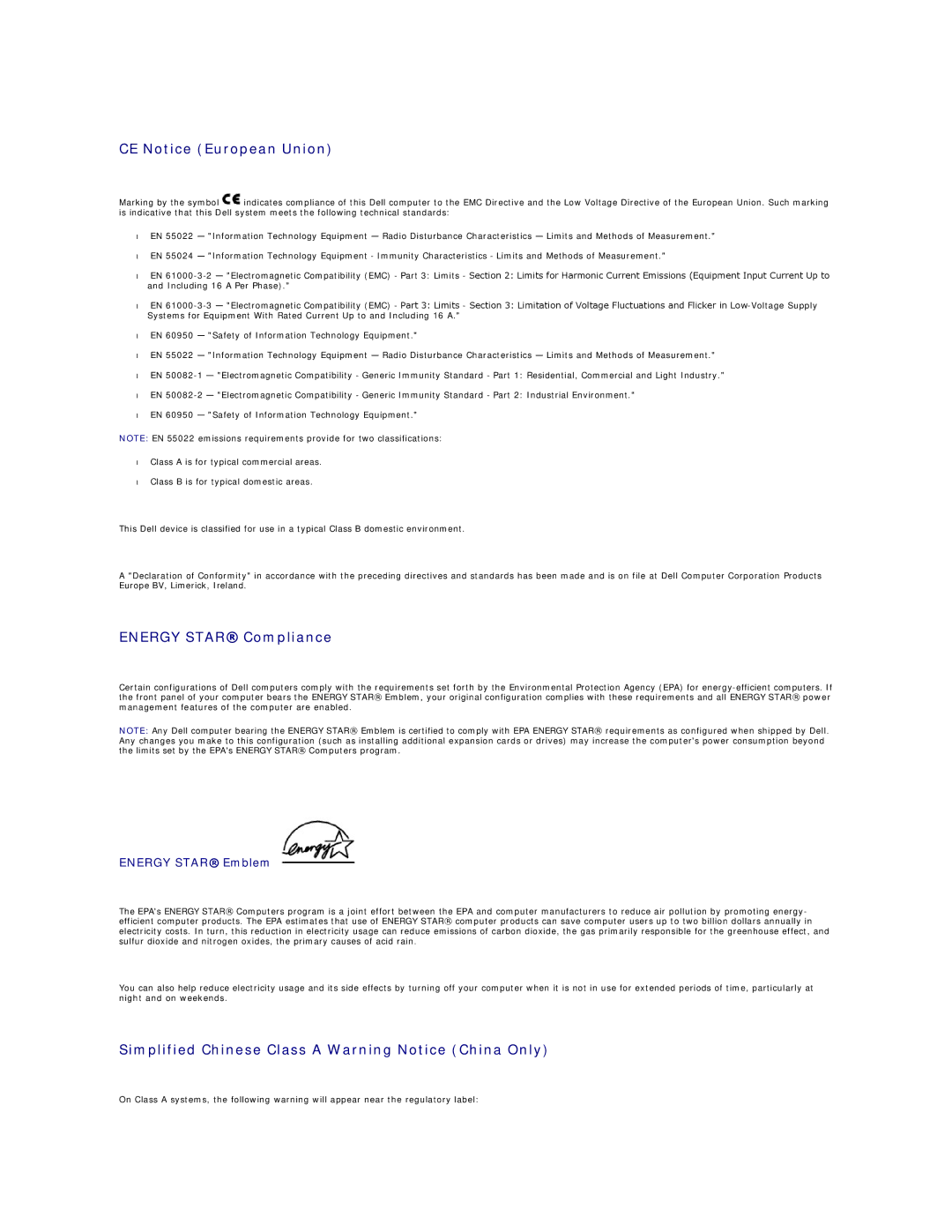 Dell SX260 CE Notice European Union, Energy Star Compliance, Simplified Chinese Class a Warning Notice China Only 