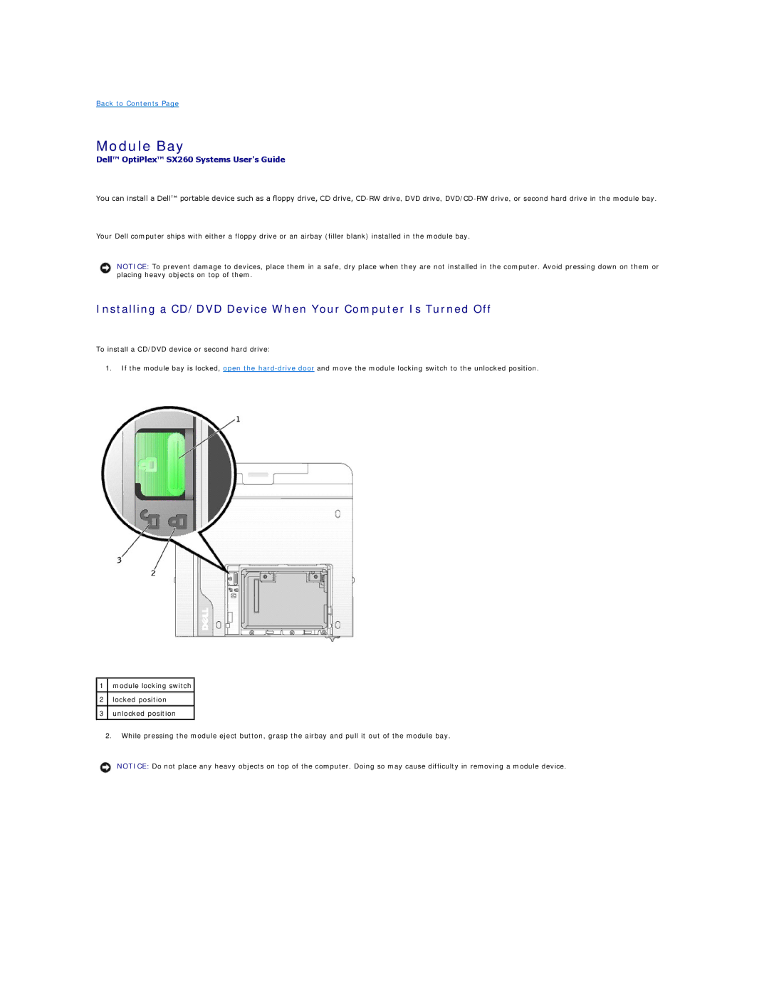 Dell SX260 technical specifications Module Bay, Installing a CD/DVD Device When Your Computer Is Turned Off 