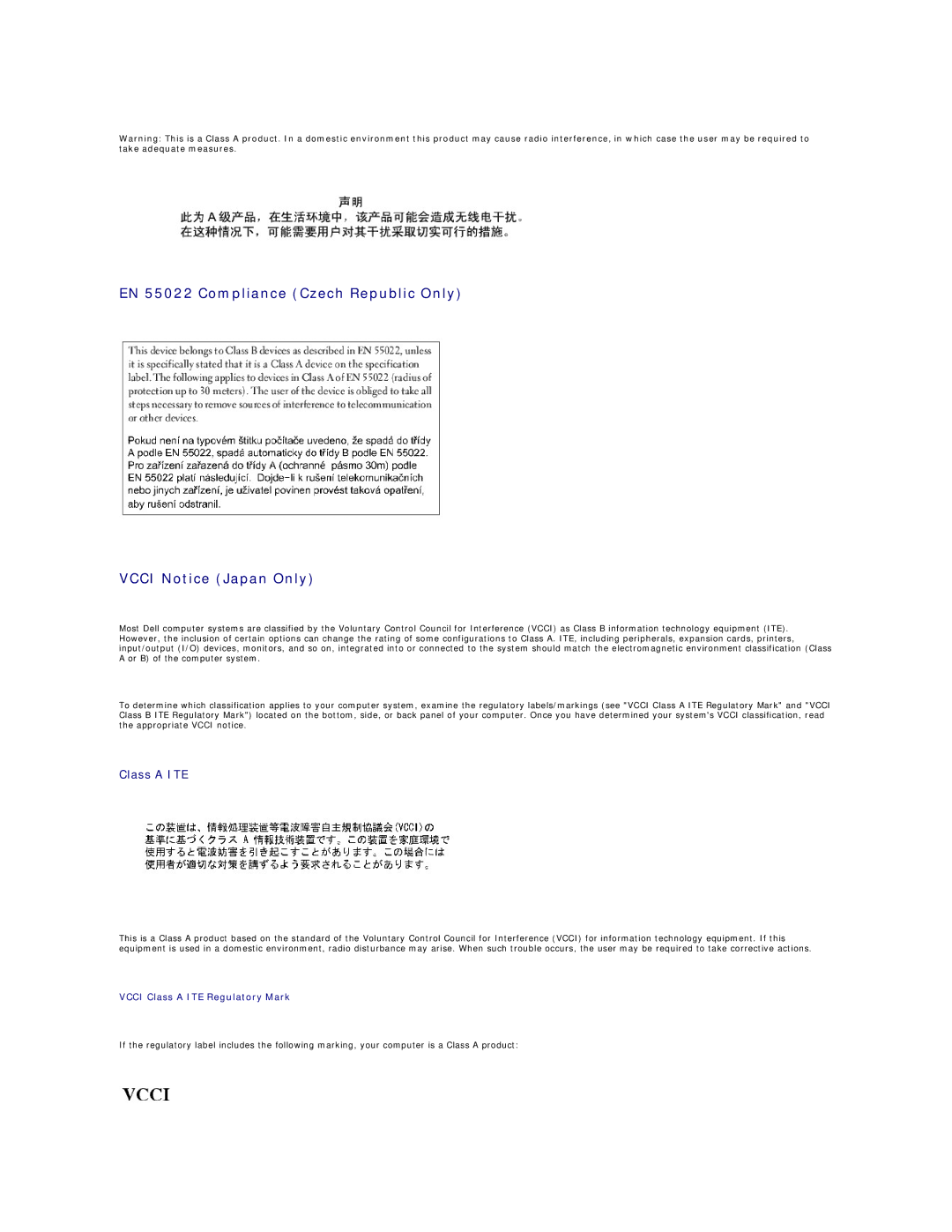 Dell SX260 technical specifications Vcci Class a ITE Regulatory Mark 