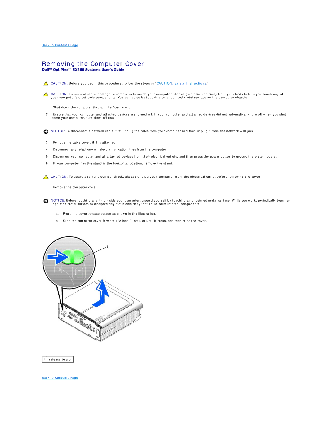 Dell SX260 technical specifications Removing the Computer Cover 