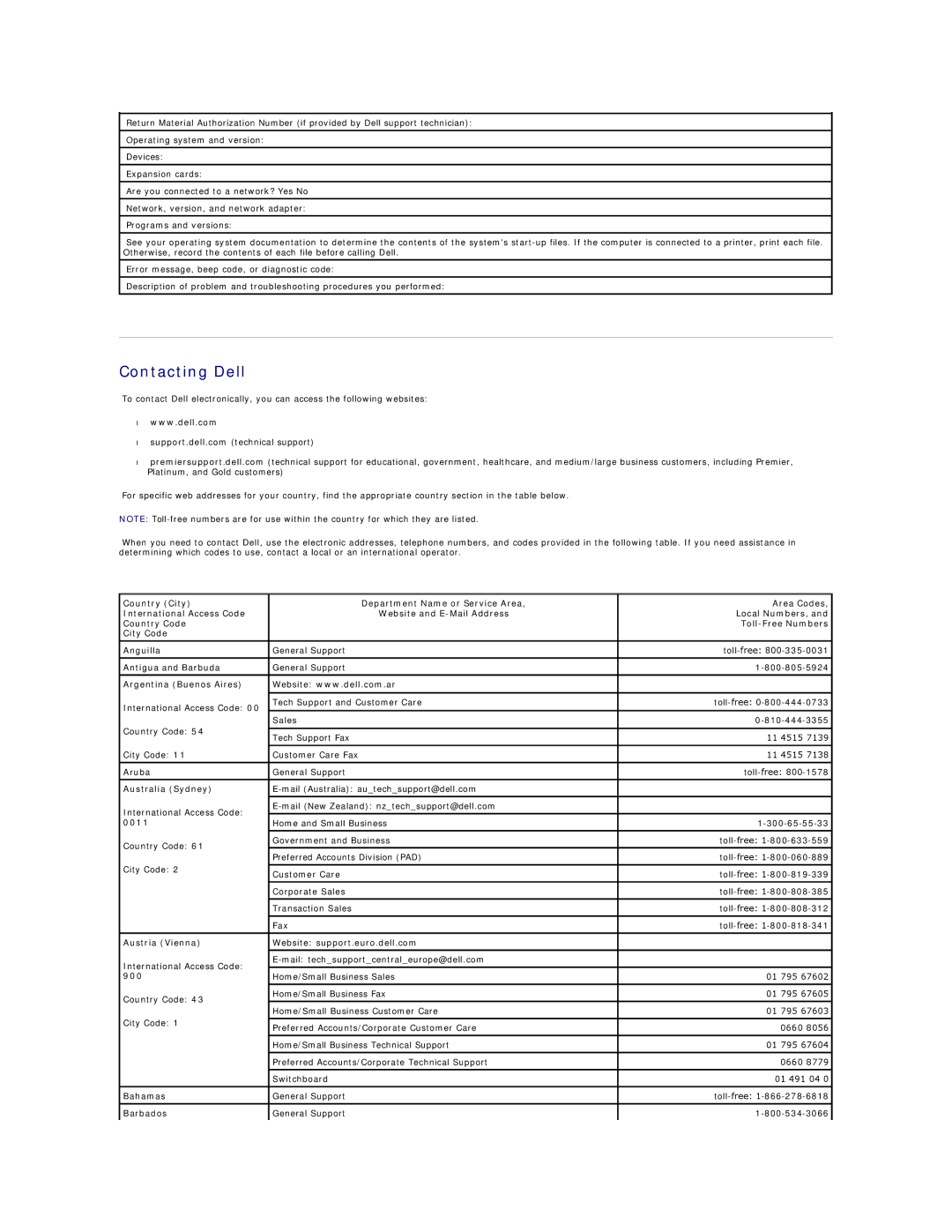 Dell SX260 technical specifications Contacting Dell 