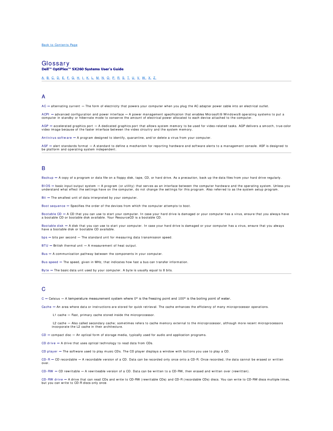 Dell SX260 technical specifications Glossary, C D E F G H I K L M N O P R S T U V W X Z 