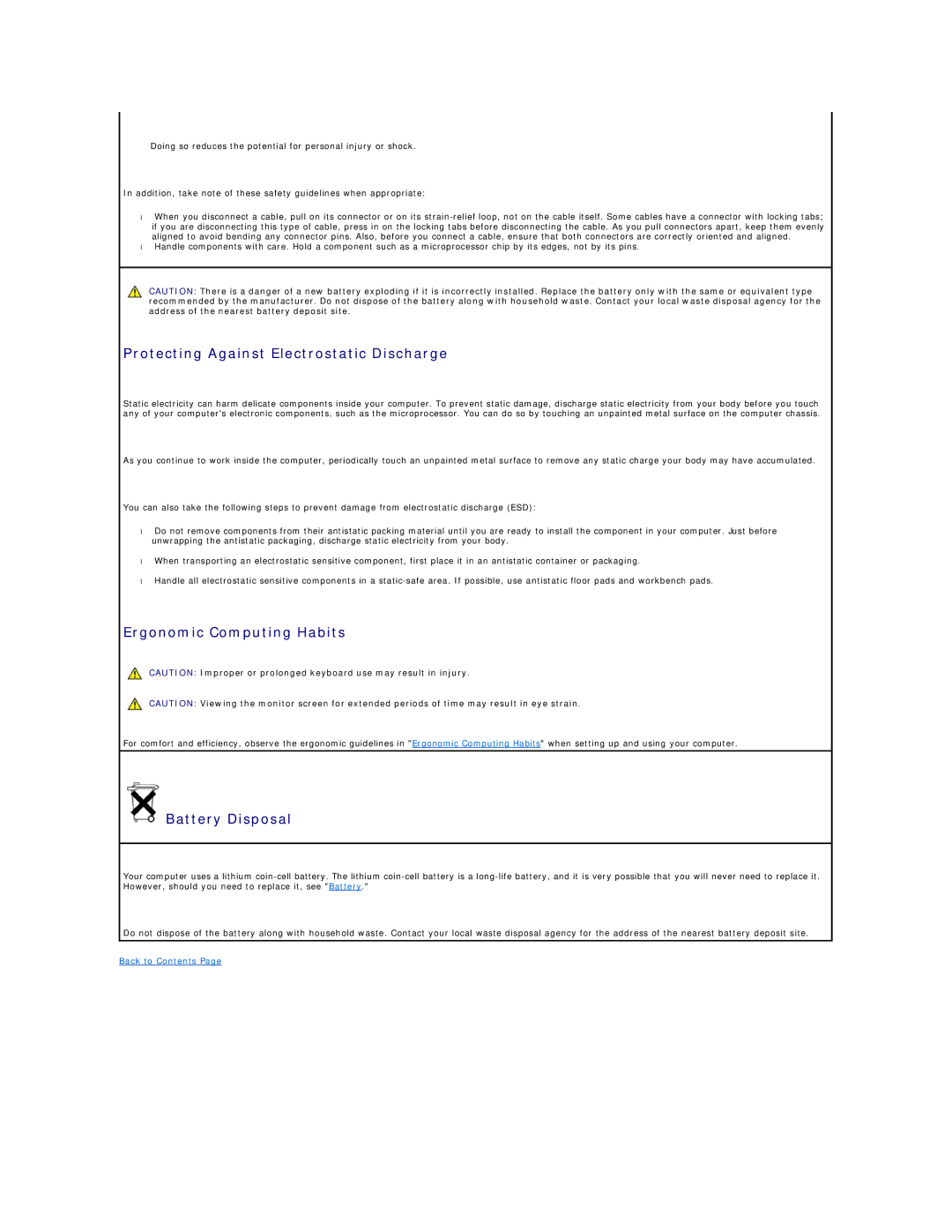 Dell SX260 Protecting Against Electrostatic Discharge, Ergonomic Computing Habits, Battery Disposal 