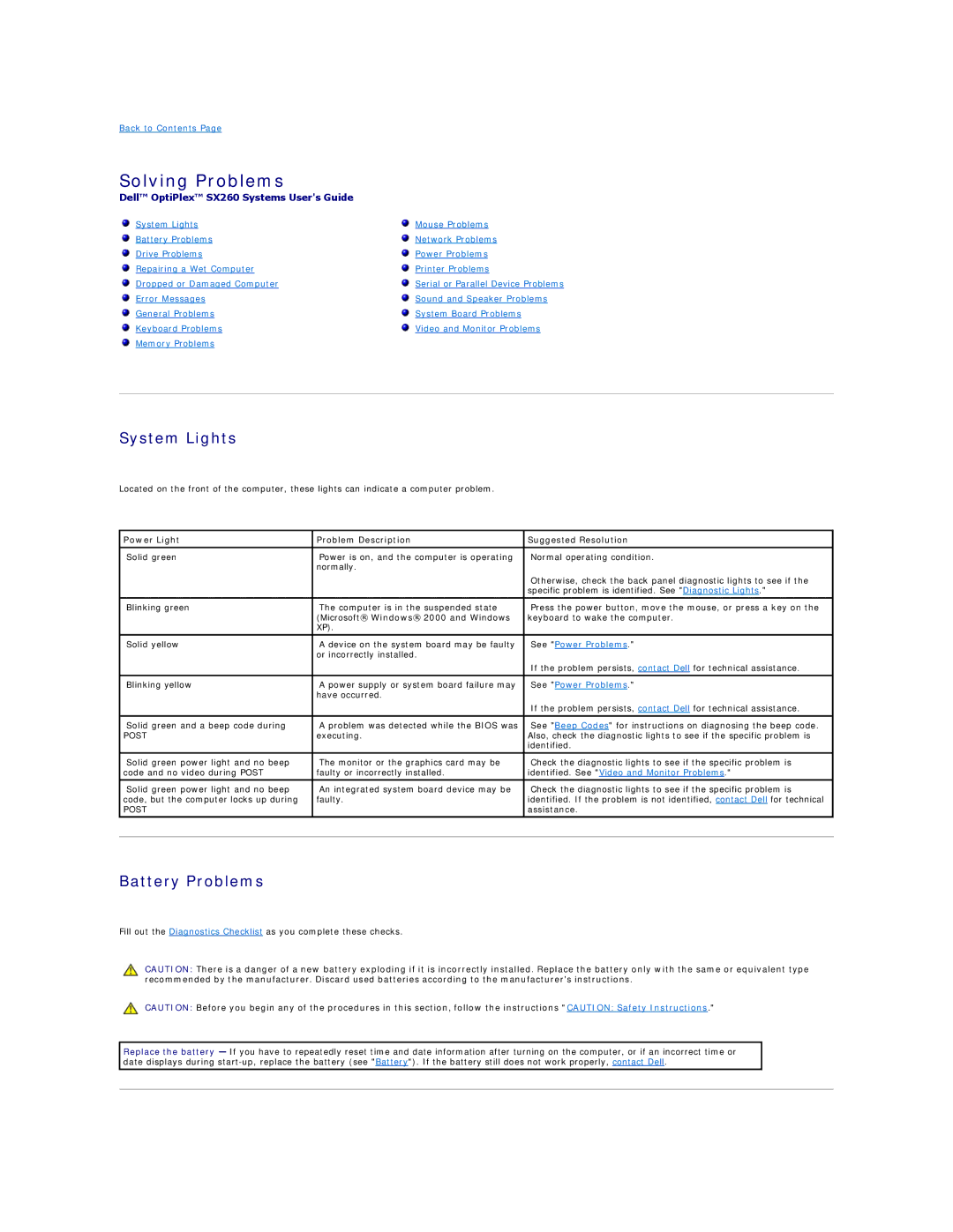 Dell SX260 Solving Problems, System Lights, Battery Problems, Power Light Problem Description Suggested Resolution 