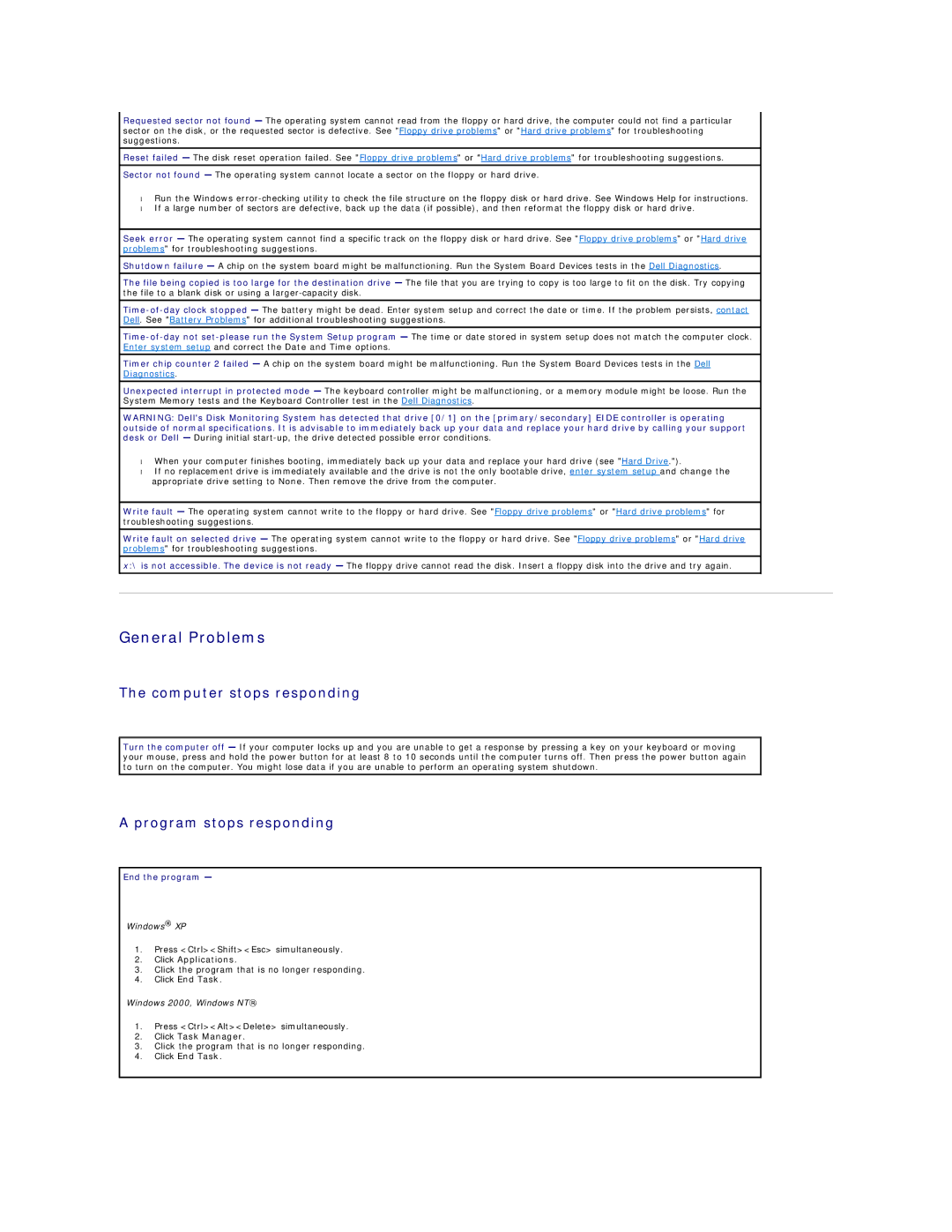 Dell SX260 technical specifications General Problems, Computer stops responding, Program stops responding, End the program 