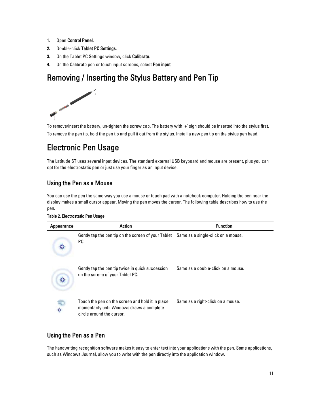 Dell T02G owner manual Removing / Inserting the Stylus Battery and Pen Tip, Electronic Pen Usage, Appearance Action 