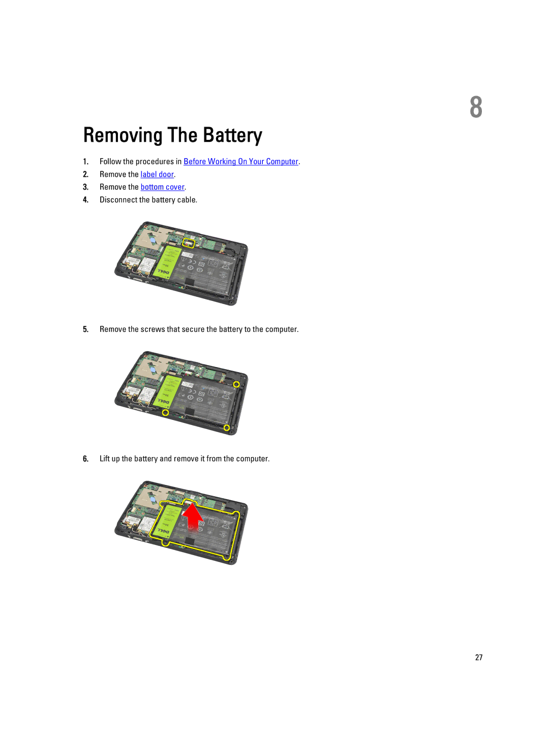 Dell T02G owner manual Removing The Battery 