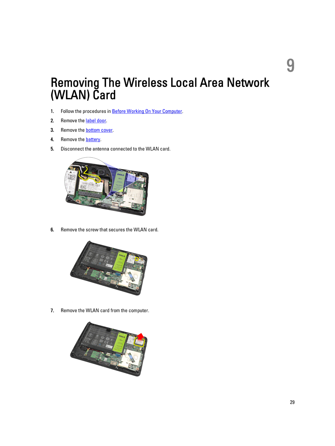 Dell T02G owner manual Removing The Wireless Local Area Network Wlan Card 