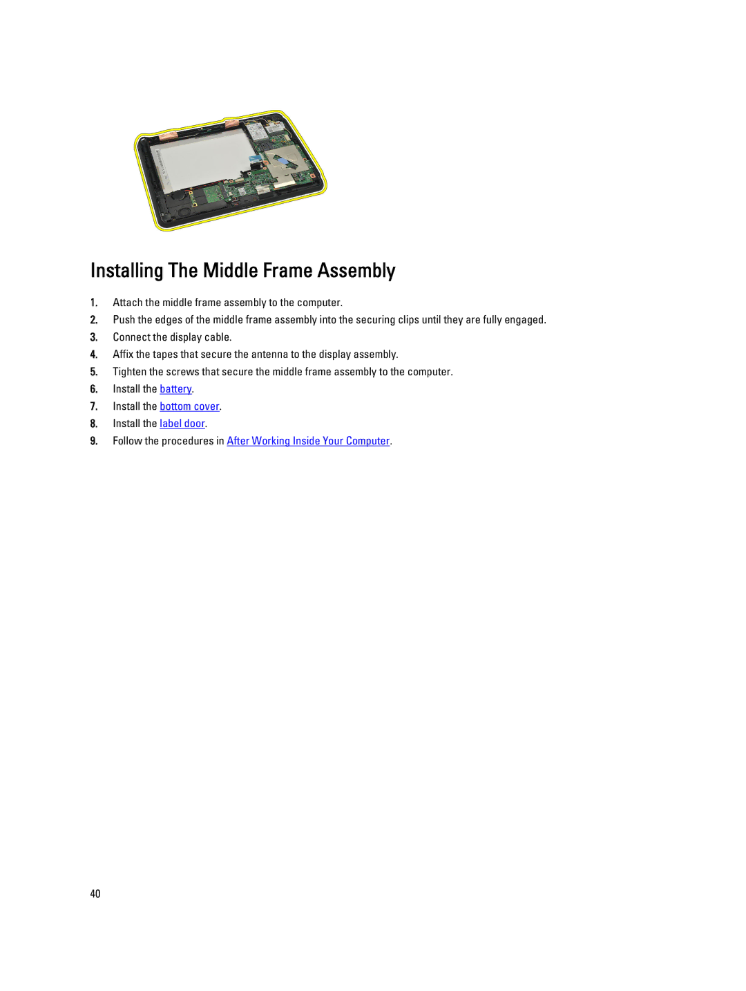 Dell T02G owner manual Installing The Middle Frame Assembly 