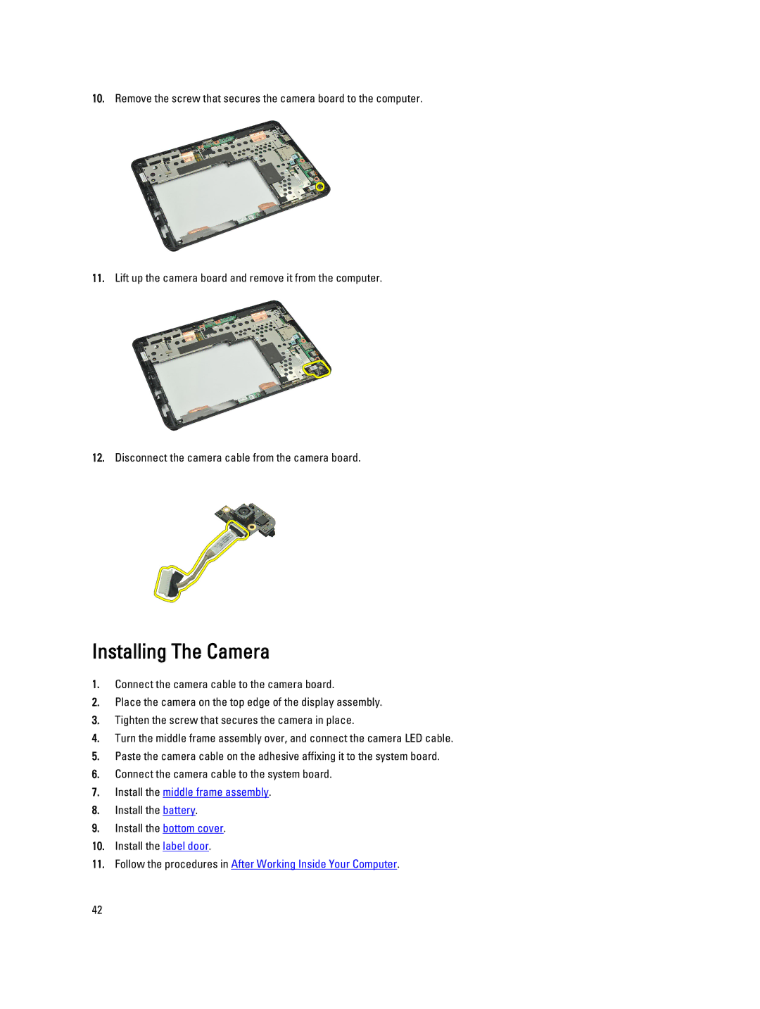 Dell T02G owner manual Installing The Camera 