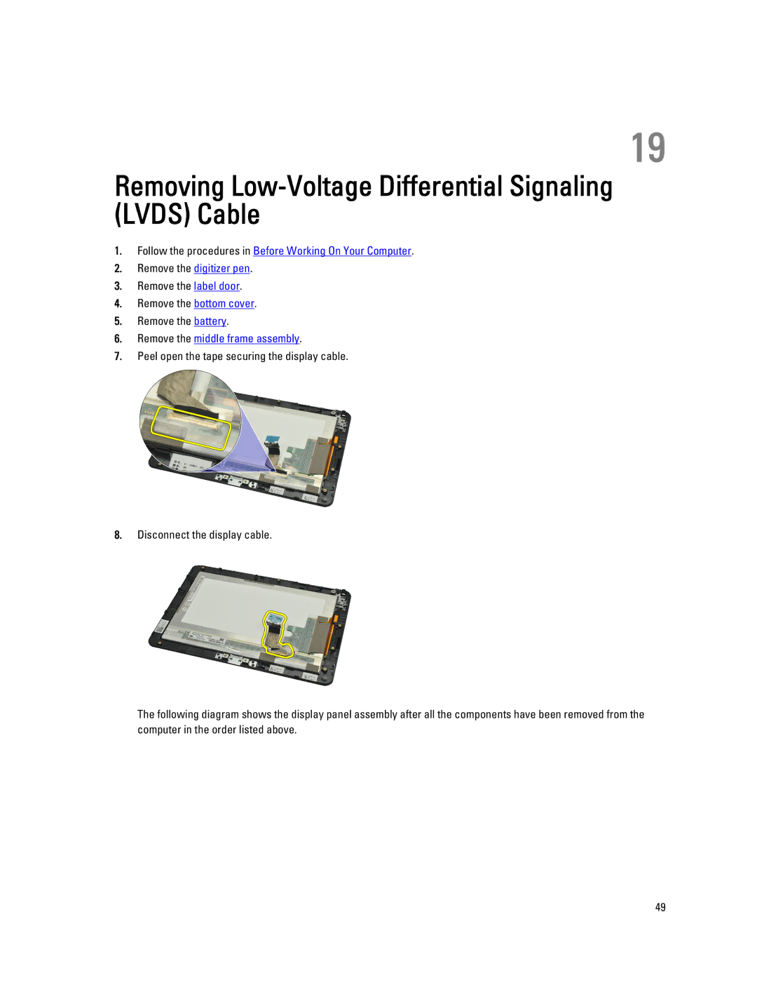 Dell T02G owner manual Removing Low-Voltage Differential Signaling Lvds Cable 