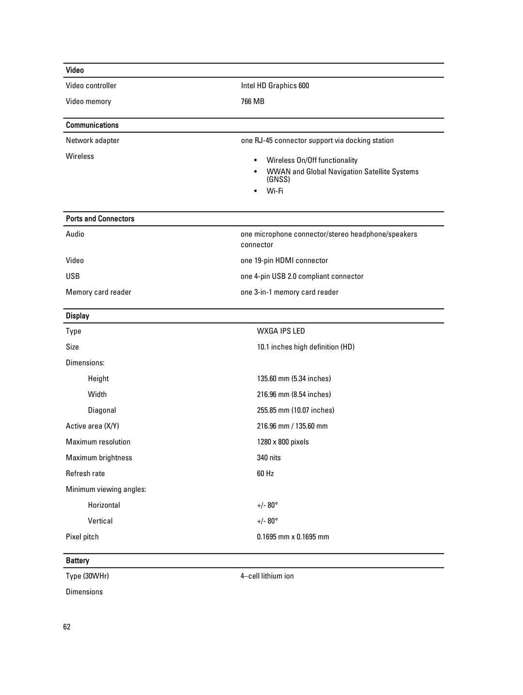 Dell T02G owner manual Communications, Ports and Connectors, Display, Battery 