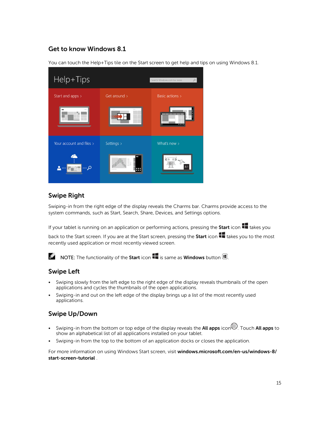 Dell T06G manual Get to know Windows, Swipe Right, Swipe Left, Swipe Up/Down 