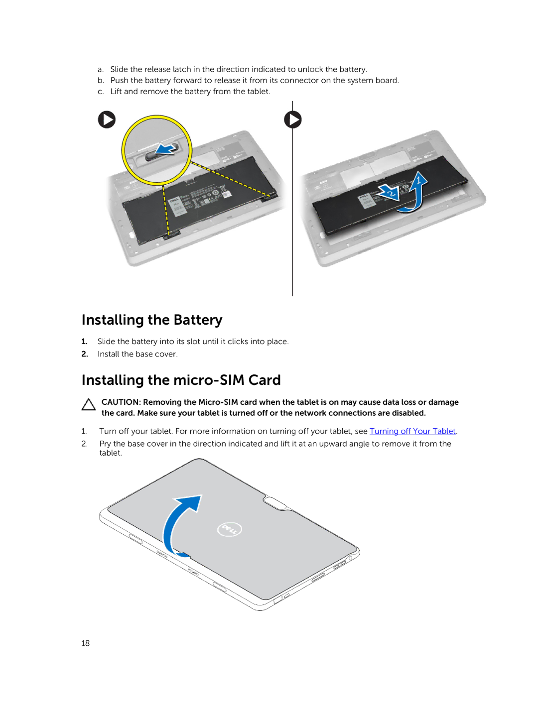 Dell T06G manual Installing the Battery, Installing the micro-SIM Card 