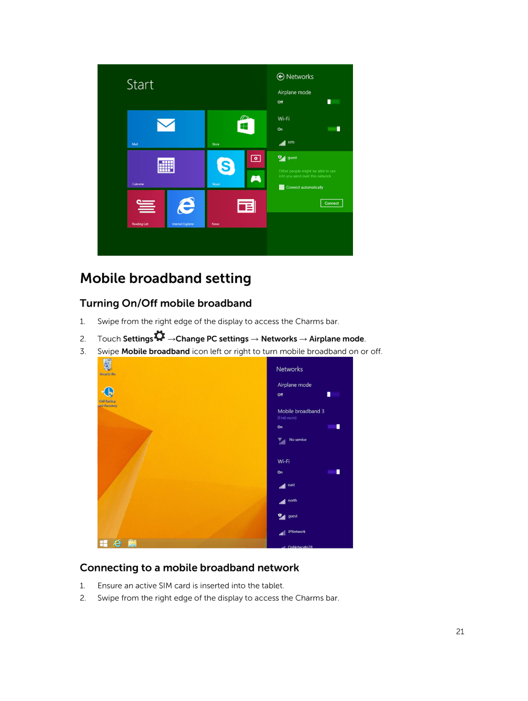 Dell T06G manual Mobile broadband setting, Turning On/Off mobile broadband, Connecting to a mobile broadband network 