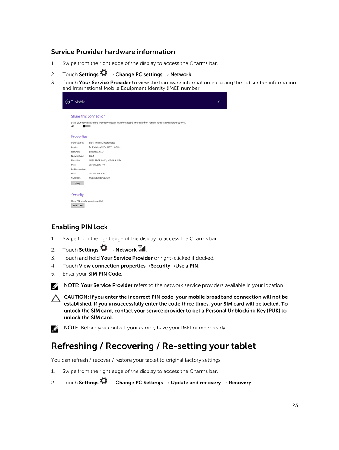 Dell T06G manual Refreshing / Recovering / Re-setting your tablet, Service Provider hardware information, Enabling PIN lock 