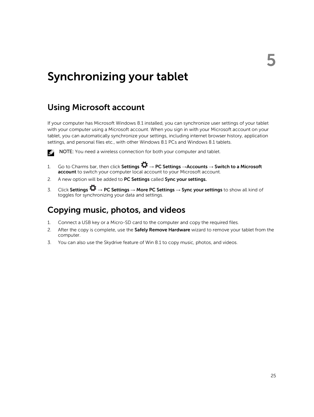 Dell T06G manual Synchronizing your tablet, Using Microsoft account, Copying music, photos, and videos 