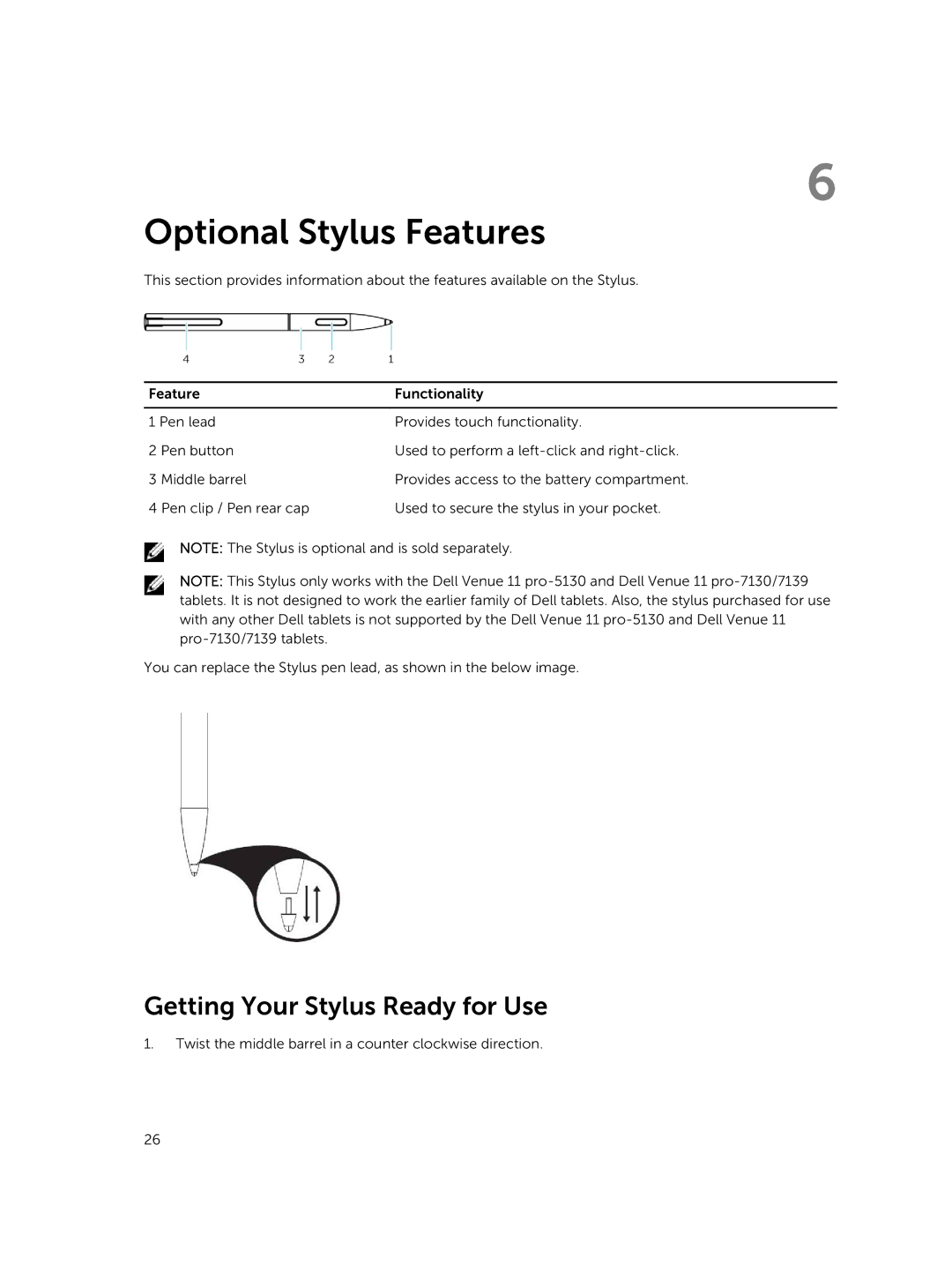 Dell T06G manual Optional Stylus Features, Getting Your Stylus Ready for Use 